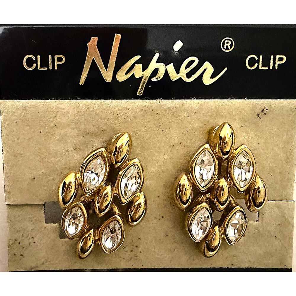 Vintage Signed Napier Gold-Tone Screw-On Earrings Clear Rhinestones Elegant NOS